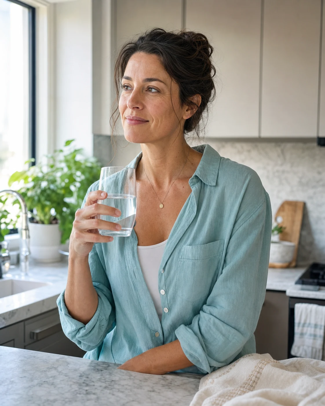 A woman in a bright kitchen with a glass of water