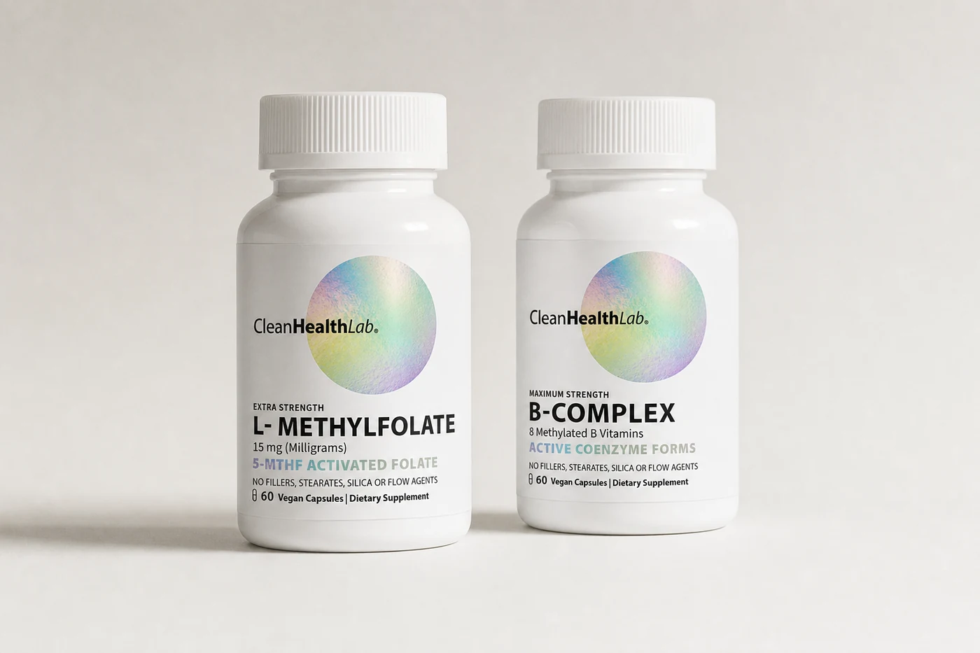 CleanHealthLab L-Methylfolate and B-Complex bottles side by side