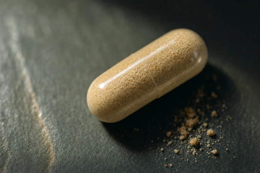 Macro of a CleanHealthLab capsule on dark slate, powder visible through the shell