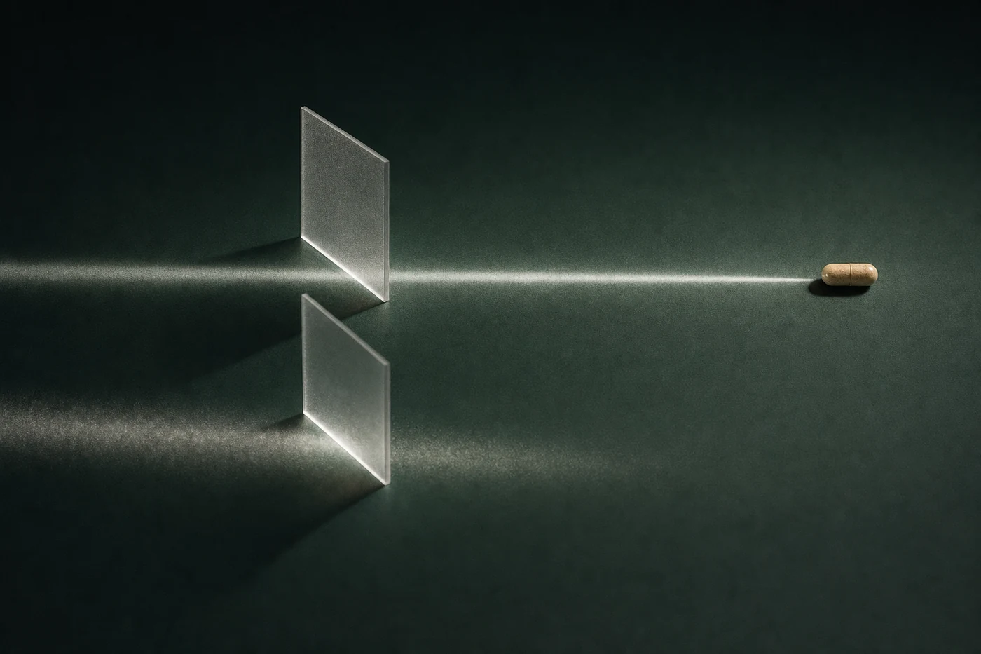 Two beams of light through two frosted panels: the upper passes cleanly to a single capsule, the lower scatters and fades before arriving