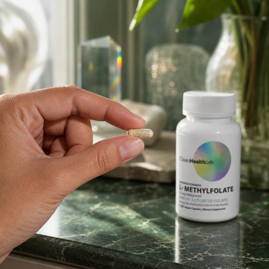 A hand holding a single CleanHealthLab capsule above a dark green marble counter