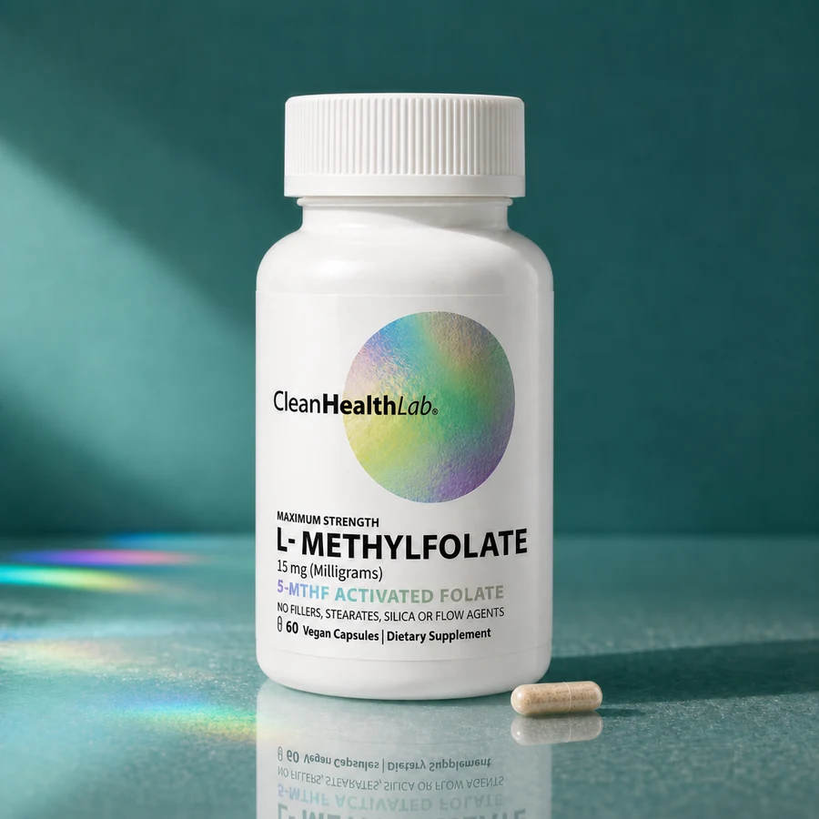 A CleanHealthLab L-Methylfolate bottle and a single capsule on a jade tabletop, a prismatic rainbow across the stone