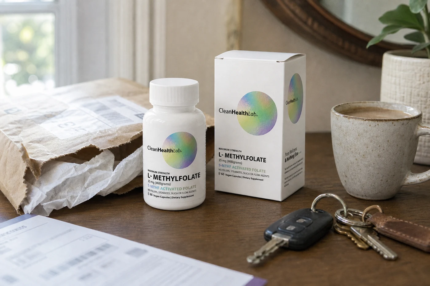 A CleanHealthLab delivery opened on a wooden table beside keys, coffee and paperwork