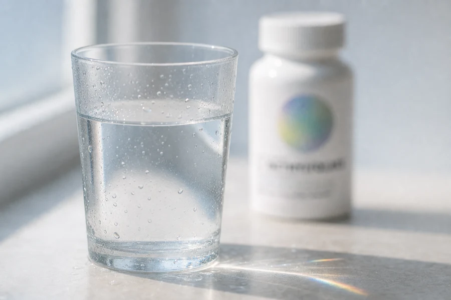A glass of water on a wet windowsill with a CleanHealthLab bottle behind it