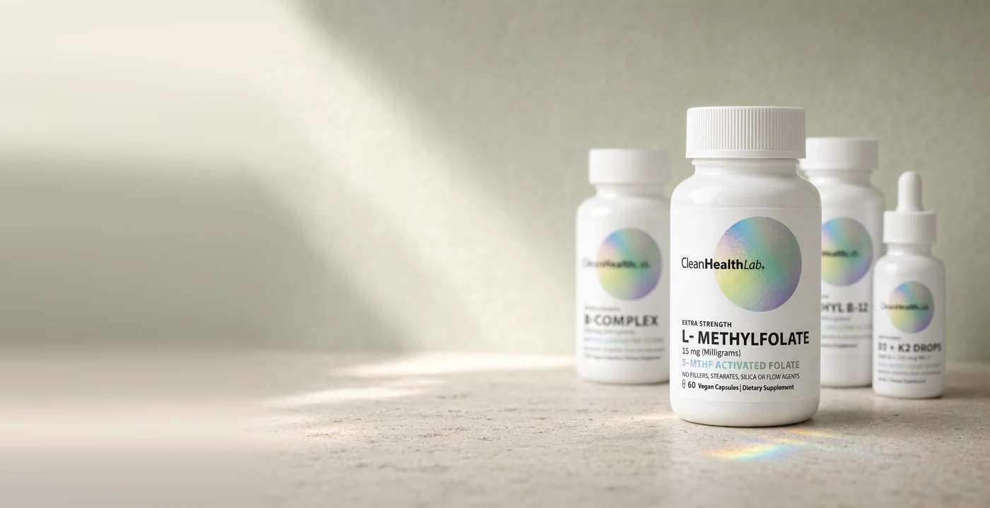 Four CleanHealthLab bottles on a limestone table in morning light, largest nearest the camera