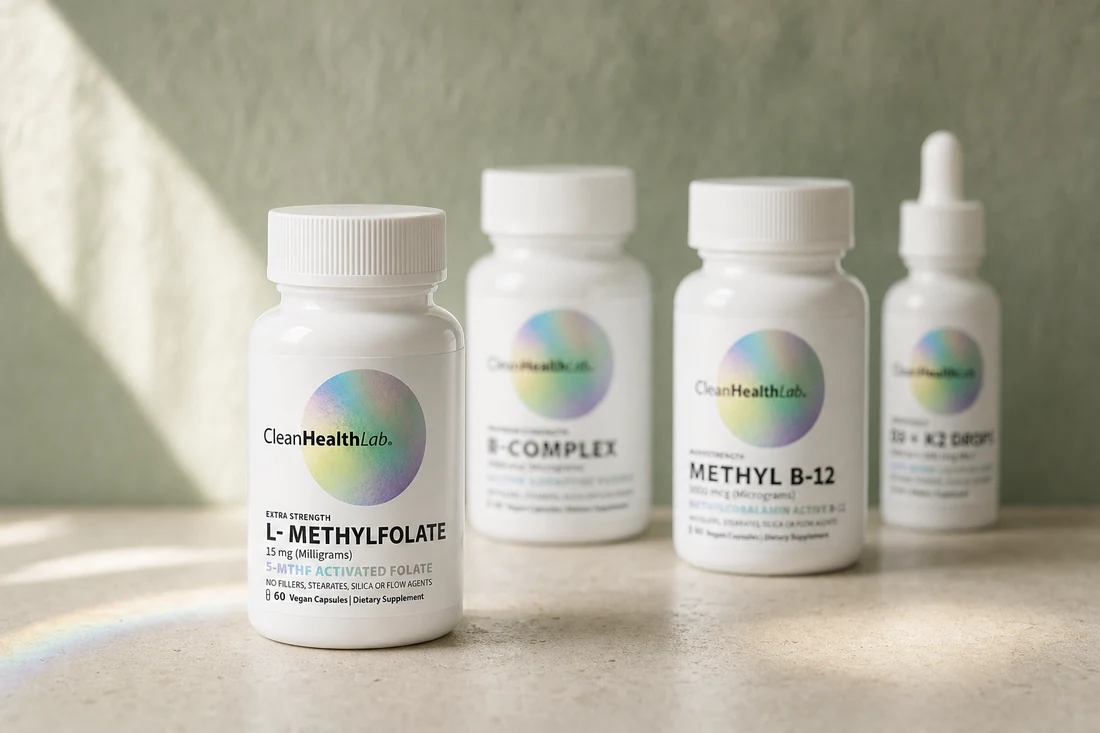 Four CleanHealthLab bottles grouped on a limestone table