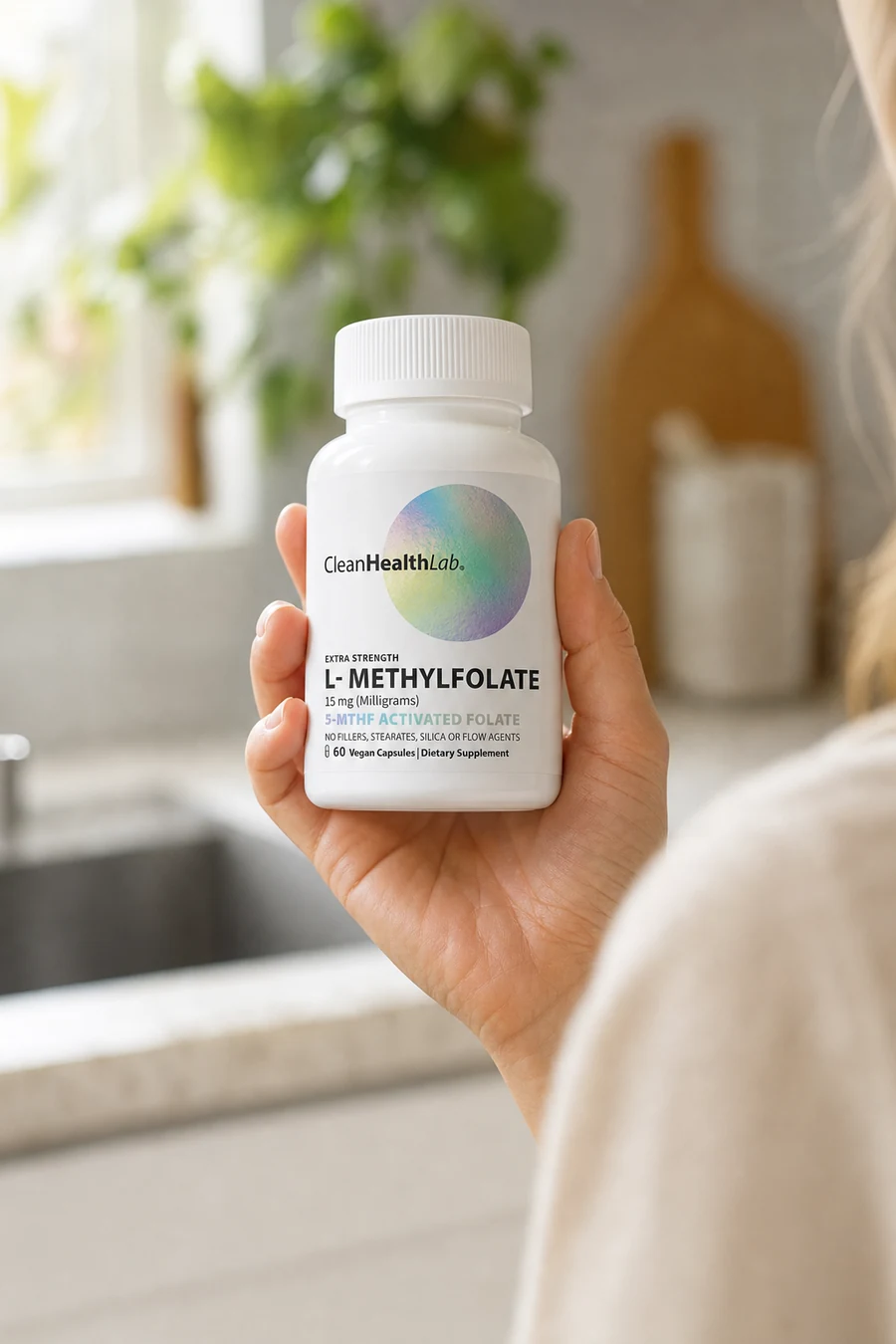 A CleanHealthLab L-Methylfolate bottle held in a bright kitchen