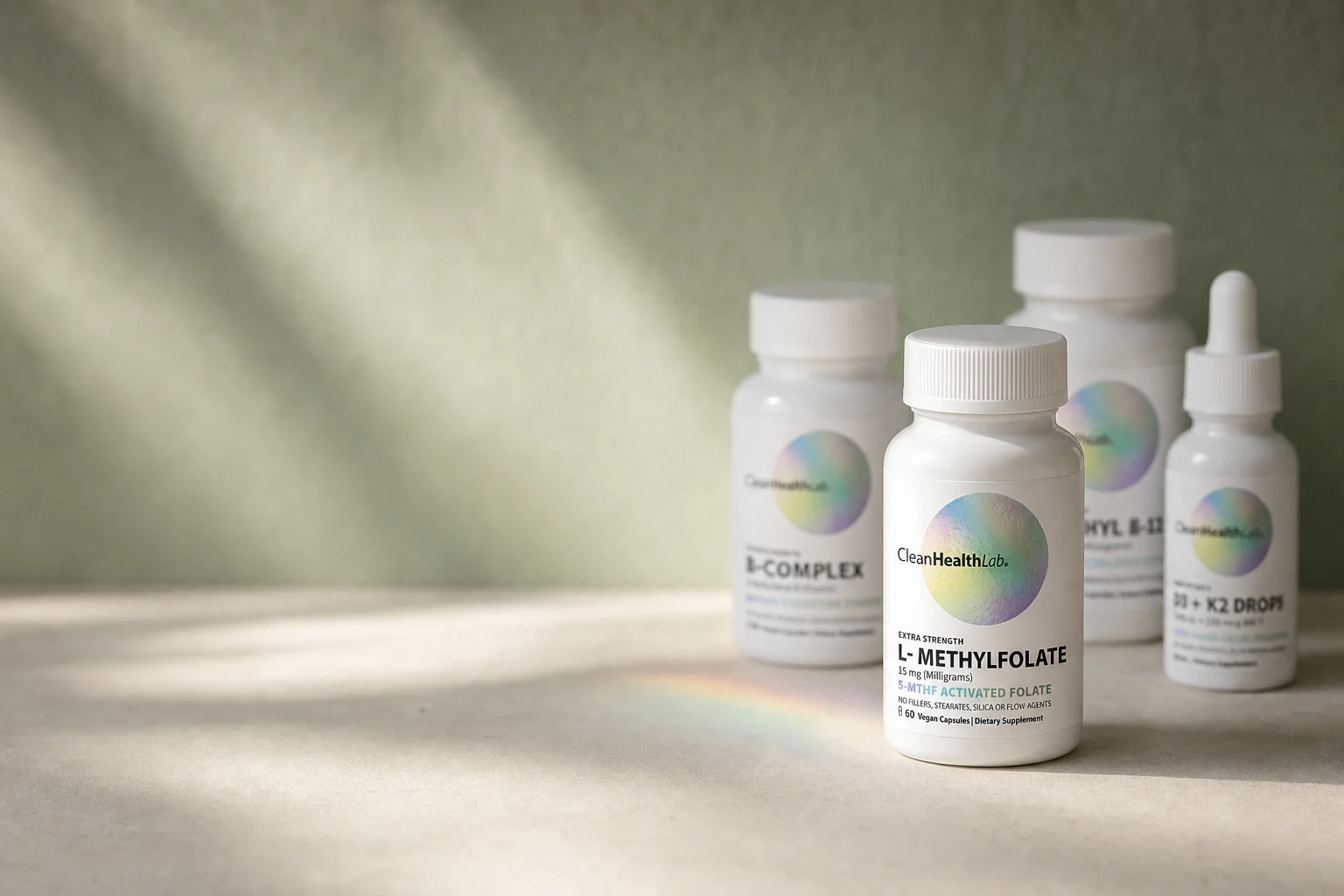 Four CleanHealthLab bottles on a limestone table in morning light