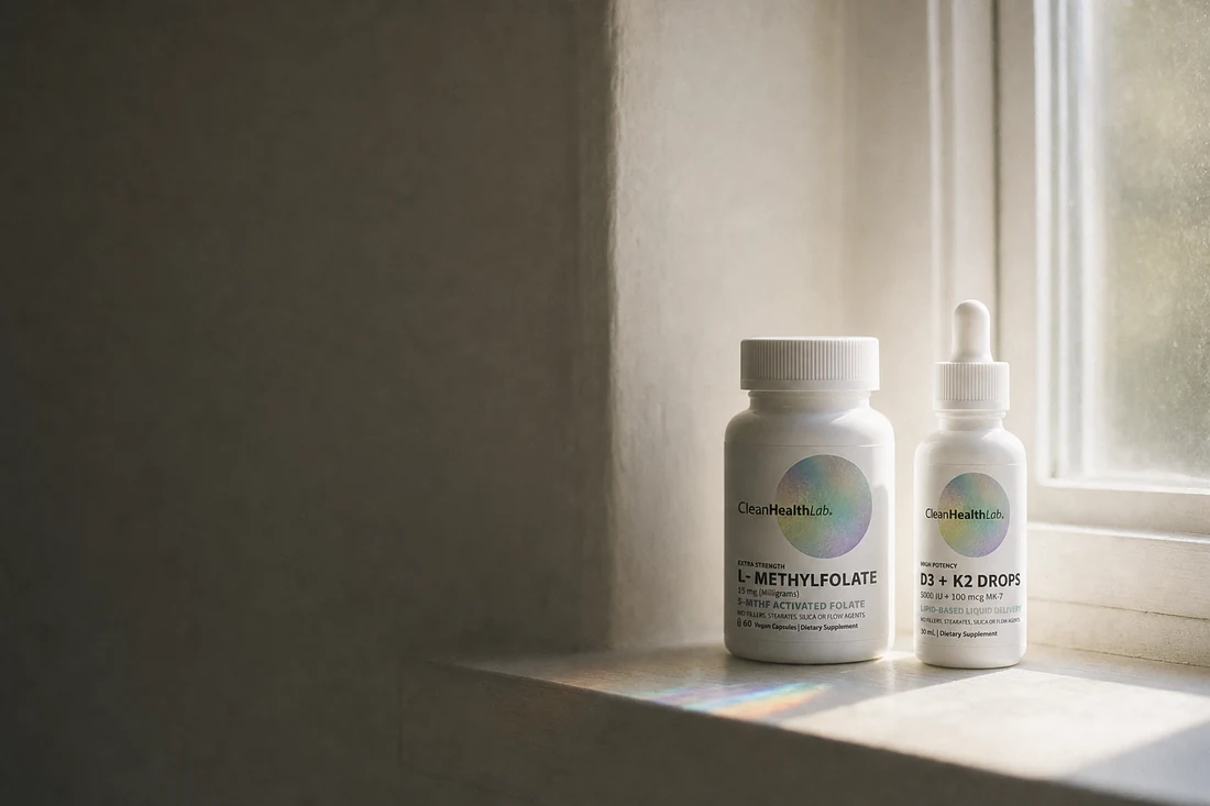 CleanHealthLab bottles on a windowsill in morning light