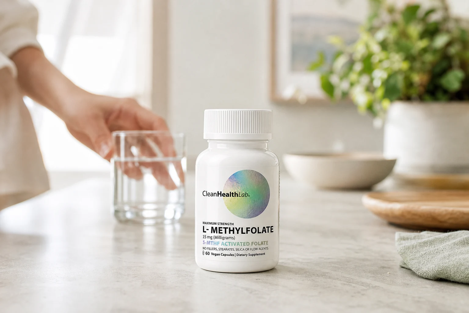 A CleanHealthLab bottle on a kitchen counter beside a glass of water