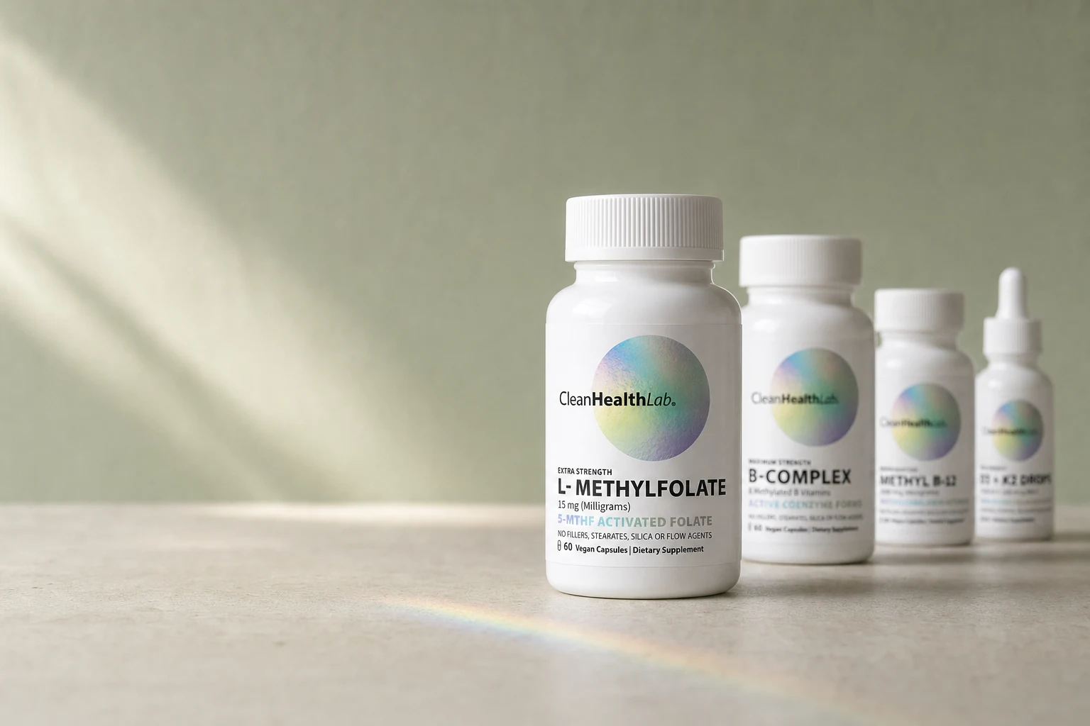 Four CleanHealthLab bottles on a limestone table in morning light, largest nearest the camera