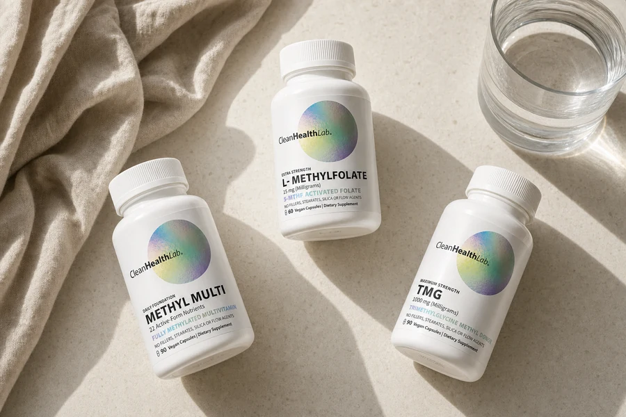Three CleanHealthLab bottles on limestone with linen and a glass of water