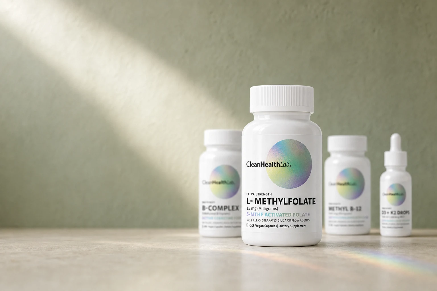 Four CleanHealthLab bottles on a limestone table in morning light, largest nearest the camera