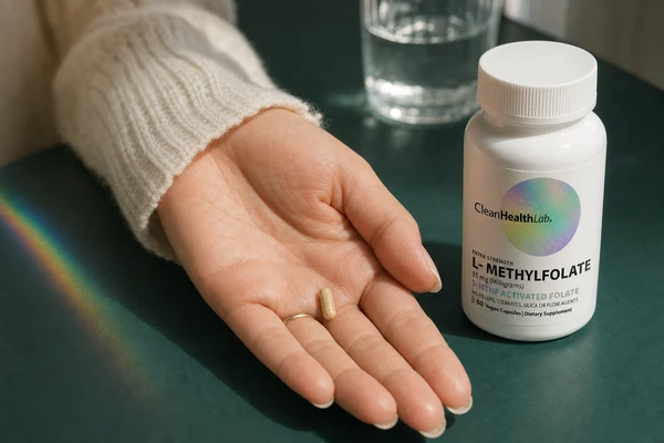 An open palm on a jade tabletop holding one small tan Clean Health Lab capsule, with the bottle and a glass of water soft behind it.
