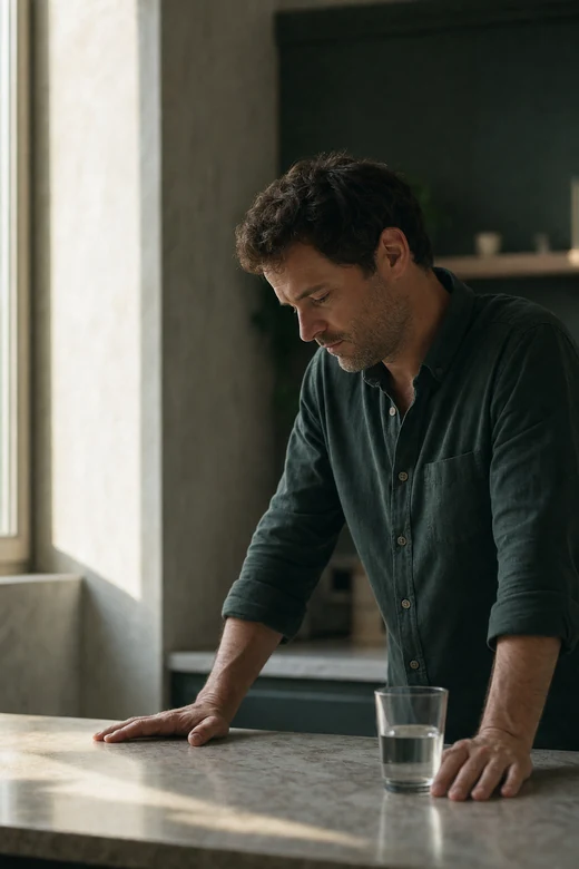 A man standing at a kitchen counter in late afternoon light, both hands on the stone, head lowered, taking a moment.