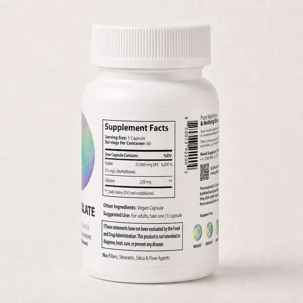 The Supplement Facts panel printed on the bottle: folate 25,000 mcg DFE from 15 mg L-Methylfolate, glycine 220 mg, vegan capsule.