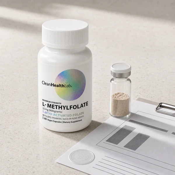 The bottle standing on a bench beside a sealed sample vial of tan powder and a printed laboratory report.