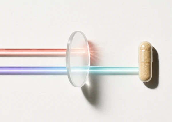 A beam of white light splitting through a lens into a spectrum, with a single Clean Health Lab capsule standing at the far side.