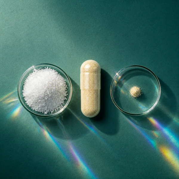 Two petri dishes on a jade surface beside a single capsule: white glycine crystals in one, a small measure of tan 5-MTHF powder in the other.