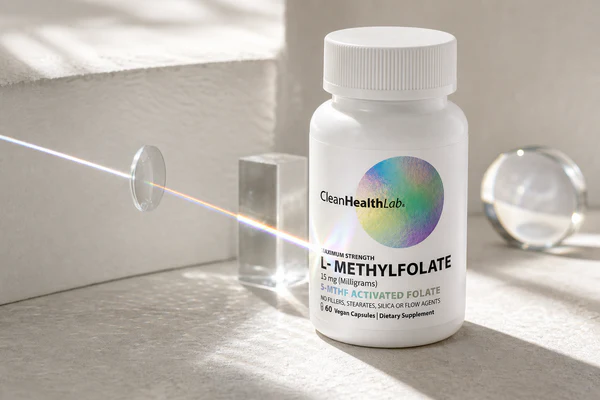 A narrow beam of white light passing through a lens and a glass block on a windowsill, splitting into a spectrum beside the Clean Health Lab bottle.