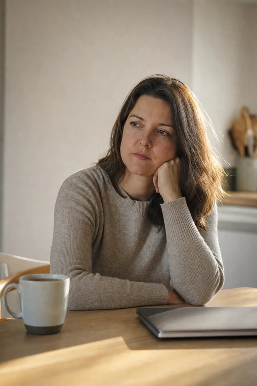 A woman sitting at a kitchen table in late afternoon light, resting her jaw on her hand, looking past the camera.