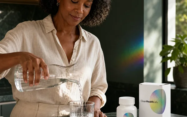 A woman pouring water at a kitchen counter, the L-Methylfolate bottle and carton beside the glass.