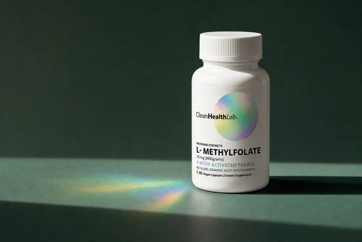 The Clean Health Lab bottle standing on a deep jade plinth in a hard shaft of window light, a prismatic spectrum thrown across the surface beside it.