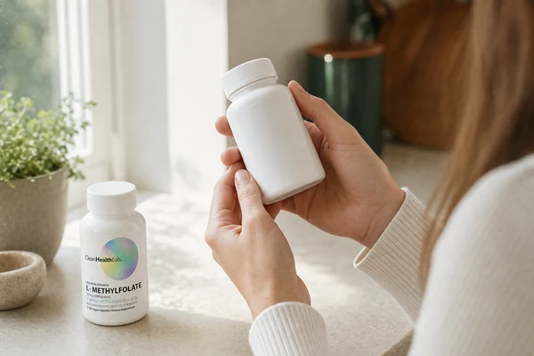 Two hands holding a plain unlabelled supplement bottle up to a kitchen window to read the panel on the back.