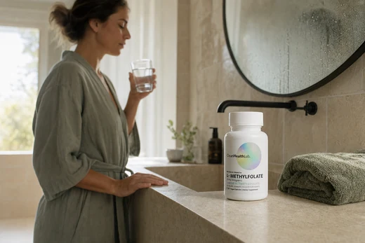 A woman at a bathroom basin in early morning light holding a glass of water, the Clean Health Lab bottle in focus on the basin edge.