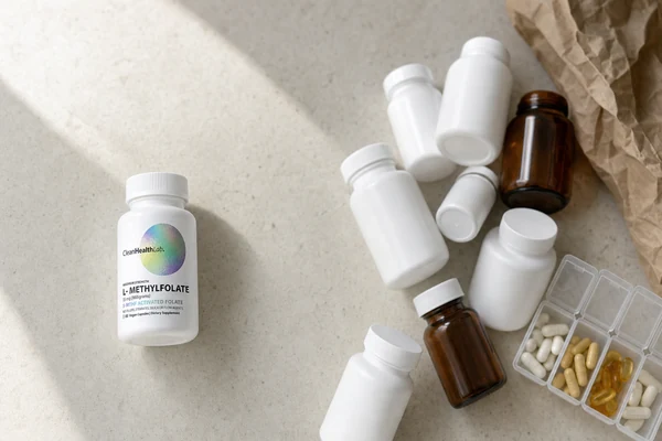 An overhead view of a kitchen counter: unlabelled supplement bottles and a weekly pill organiser to one side, and a single Clean Health Lab bottle standing apart.