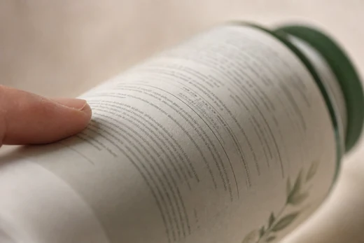An extreme macro of a curved supplement label at a raking angle, a fingertip at the edge of frame.