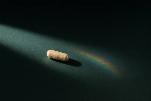 One small tan capsule on a deep jade surface in a pool of hard light, a prismatic rainbow grazing the surface behind it.