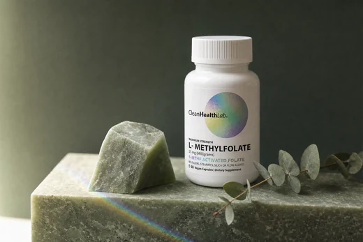 The Clean Health Lab bottle on a honed jade stone slab with a sculptural offcut and a sprig of eucalyptus, lit by one soft key light with a prismatic spectrum falling across the stone.