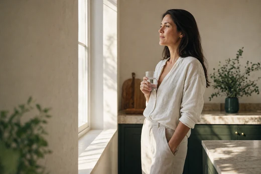 A woman standing at a wide kitchen window in clean early morning light, holding a glass of water, calm and unhurried.