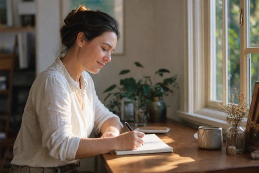 A woman at a desk by a window in warm late light, upright and absorbed, writing by hand.