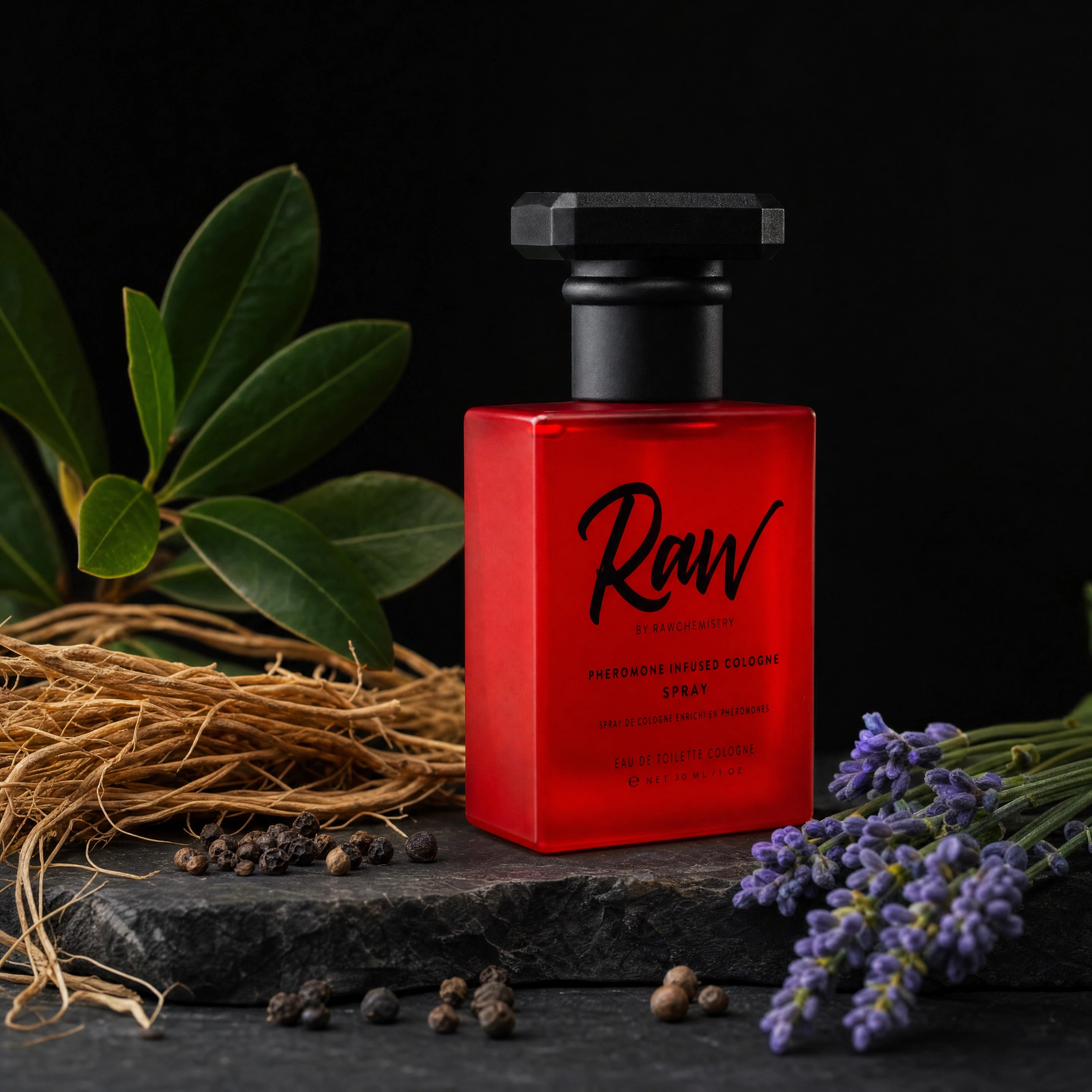RAW Chemistry spray with peppercorn, vetiver, lavender, and dark green leaves