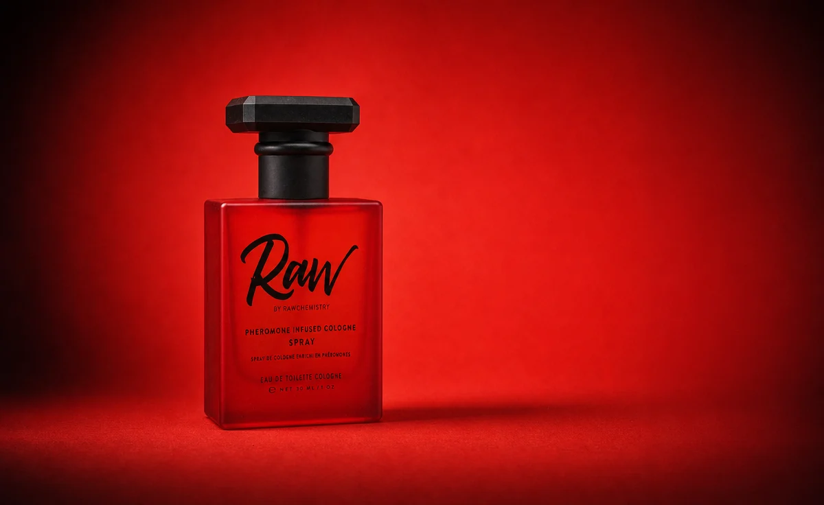 A single full-size RAW pheromone cologne spray, its frosted scarlet glass and matte black cap shown close