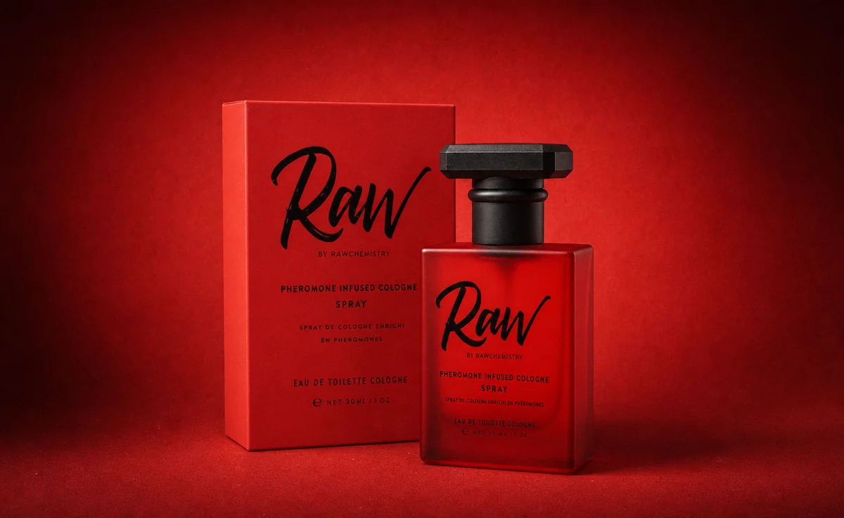A full-size RAW pheromone cologne spray standing beside its printed scarlet carton