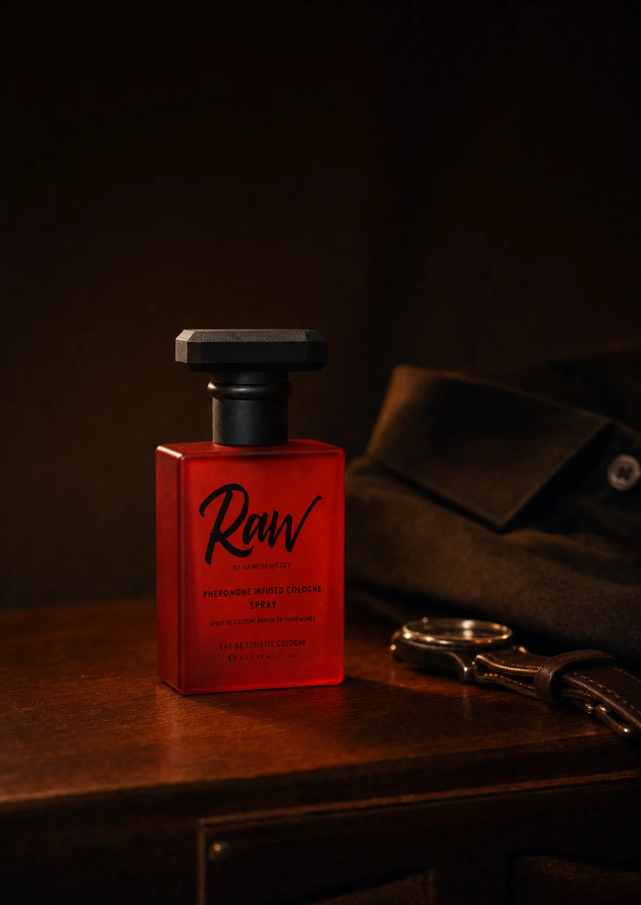 The bottle on a dark dresser at night