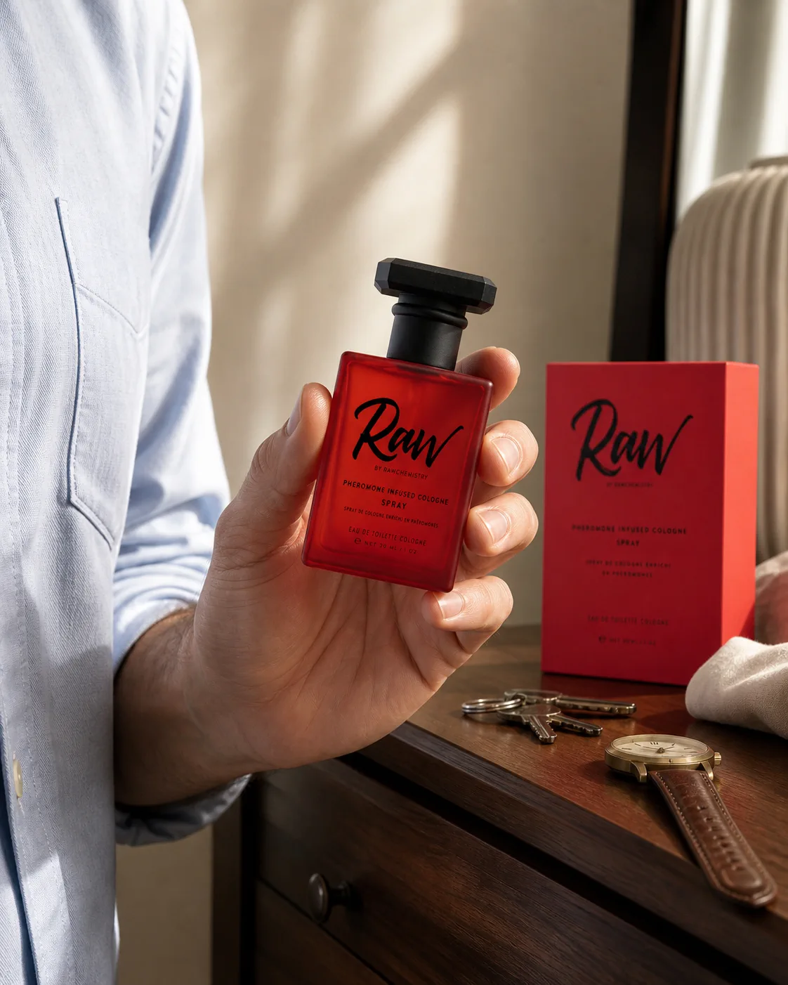 Man holding a red RAW pheromone cologne bottle beside the matching carton while getting ready