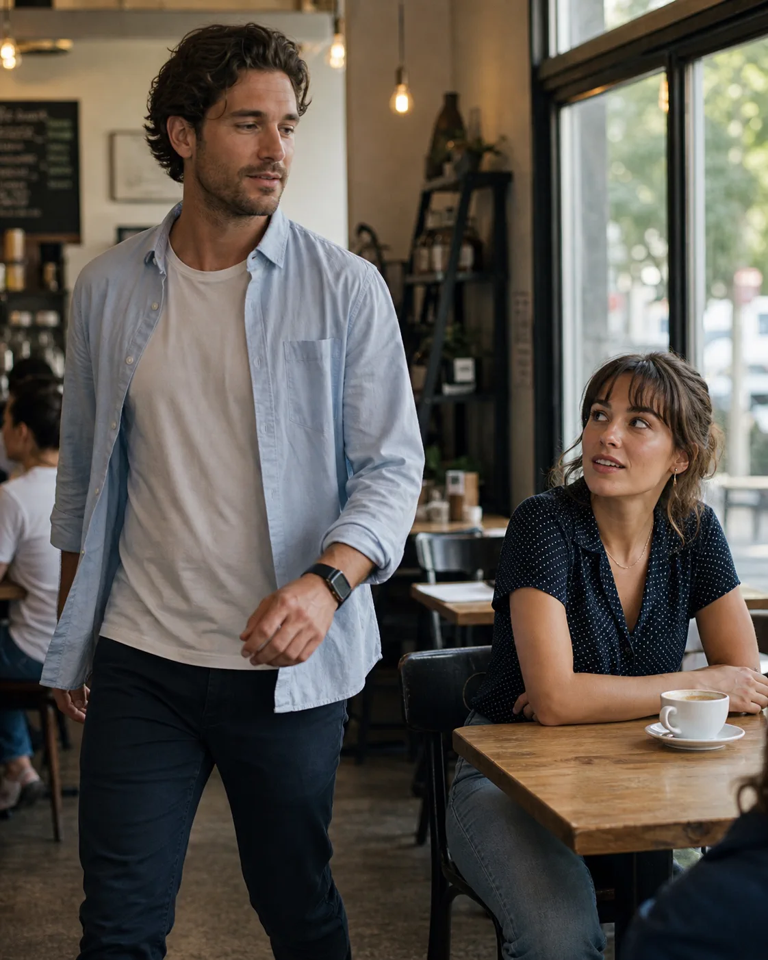 Woman giving a man a clear second look as he walks through a neighborhood cafe