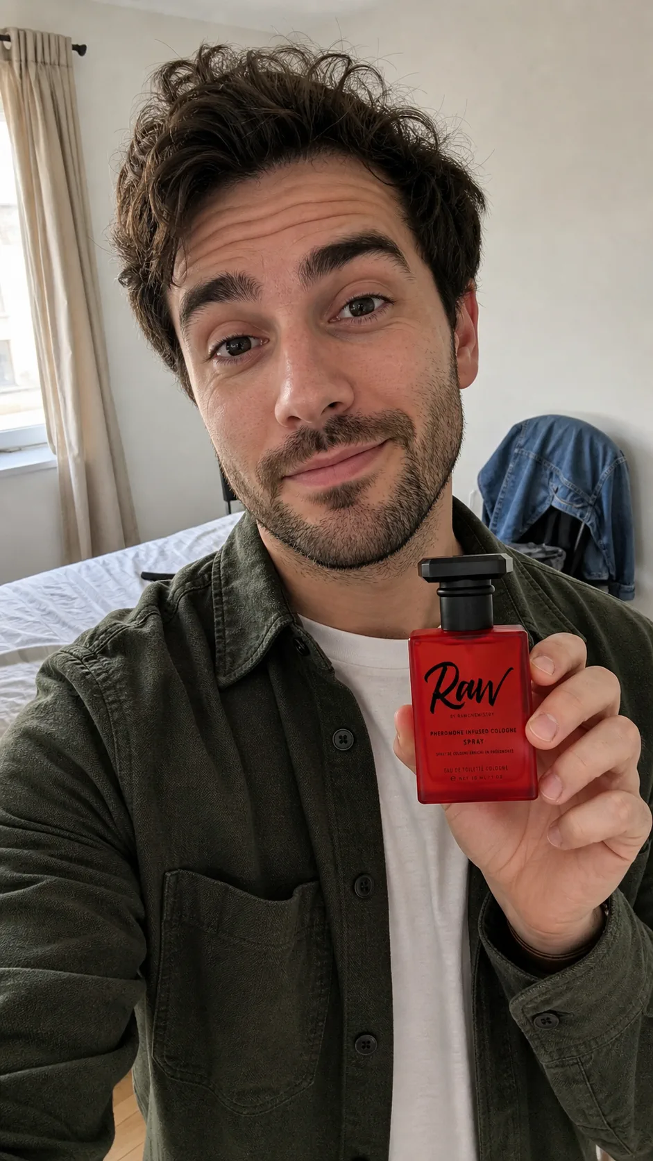 Man recording a phone story while holding a RAW cologne bottle