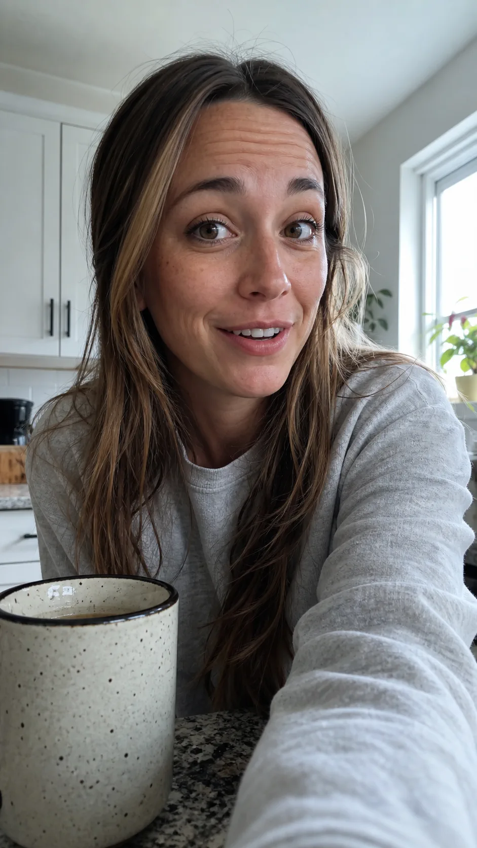 Woman recording a casual morning-after scent reaction in her kitchen