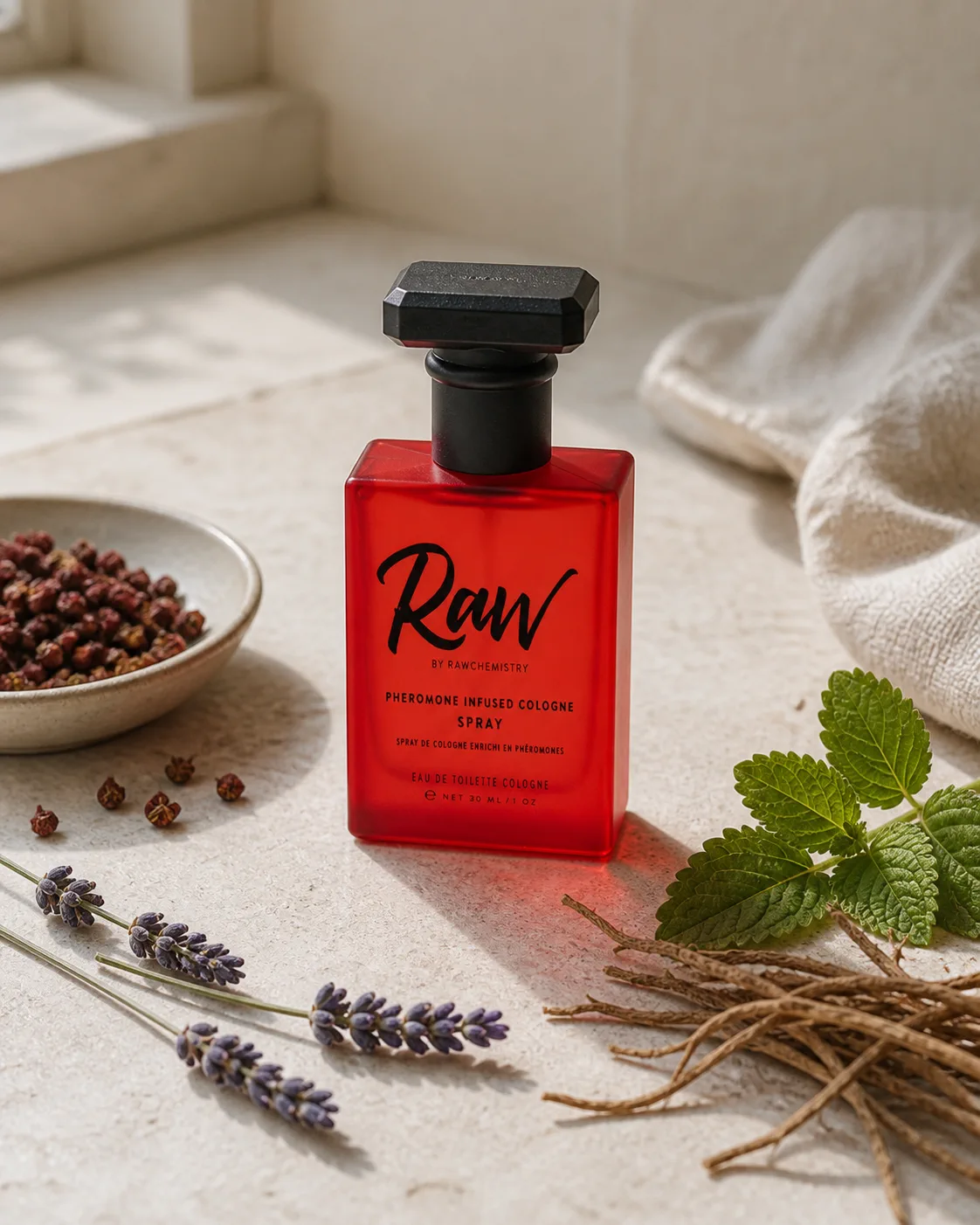 RAW cologne with Sichuan pepper, lavender, vetiver roots and patchouli leaves in daylight