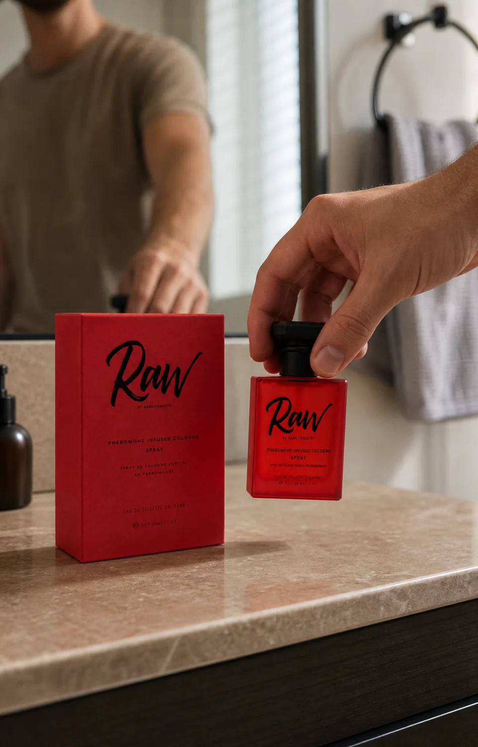 A man lifting RAW pheromone cologne from his bathroom counter while getting ready