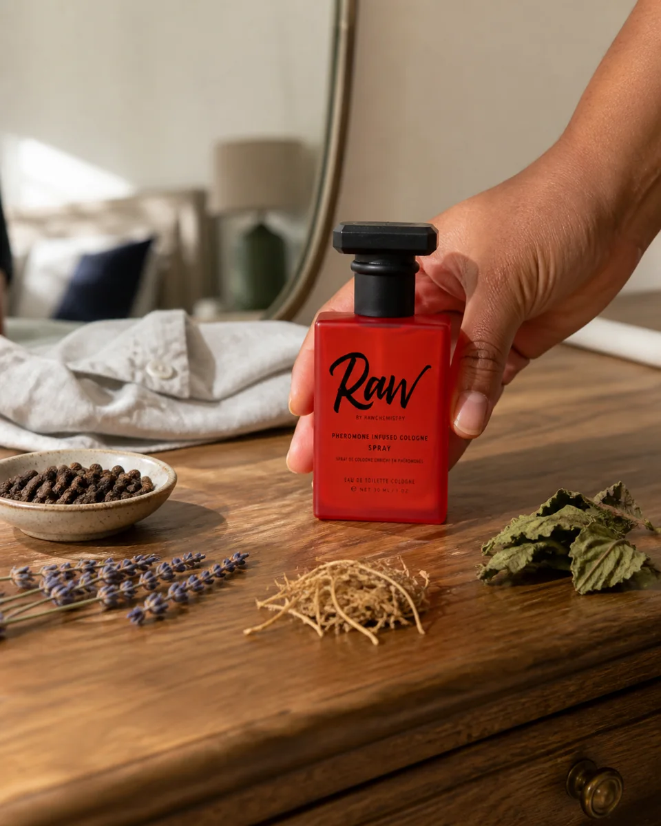 Fingers holding RAW cologne above a real dresser with fragrance ingredients