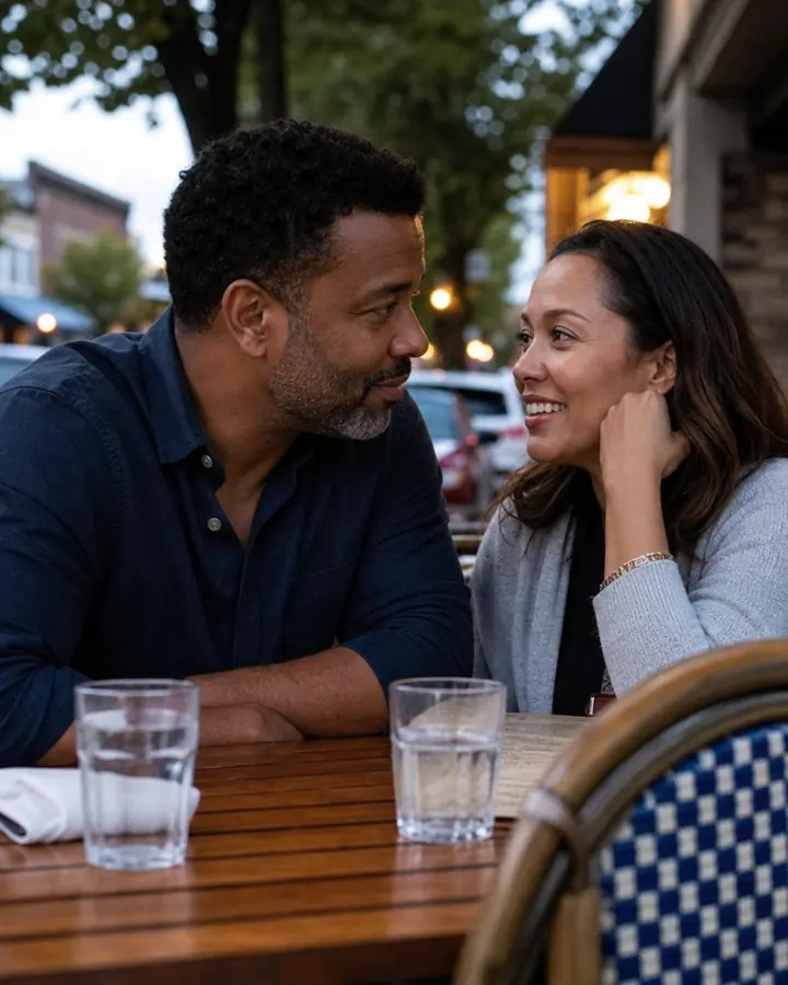 A couple leaning toward each other at a casual table