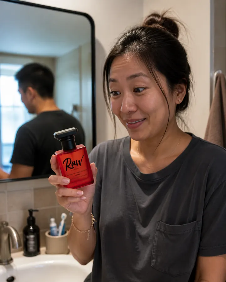 A partner holding RAW beside a bathroom counter