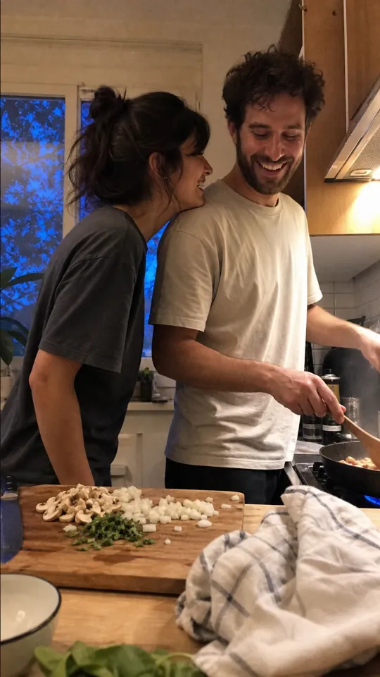 Couple laughing closely in a cafe