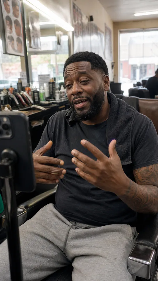 Man telling a compliment story from a barber chair
